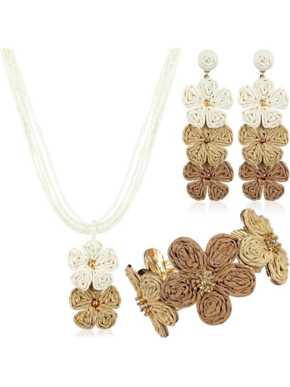 Boho Raffia Jewelry Set Daisy Flower Necklace Cuff Earrings Women Summer